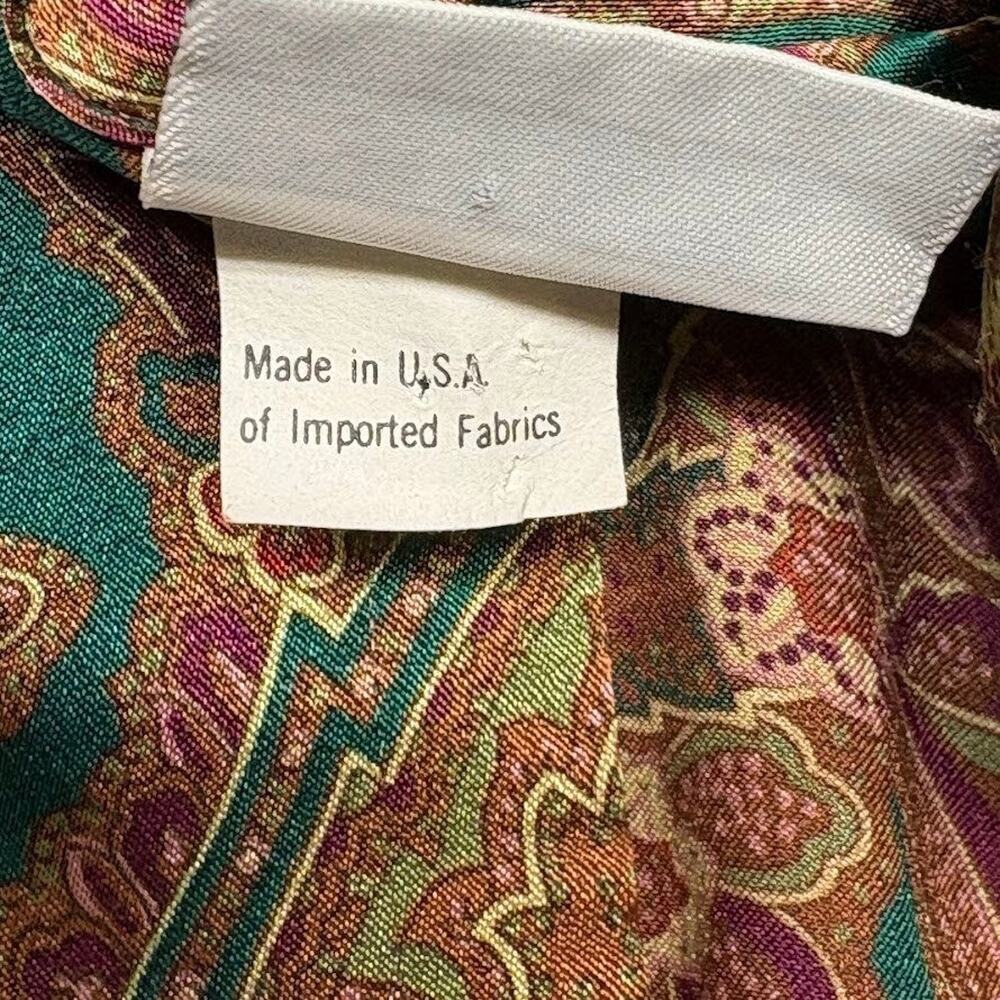 VTG RUSS Paisley Print Tie Neck Blouse Faux Silk Shirt Gold Green Womens Size 16 - Picture 4 of 12